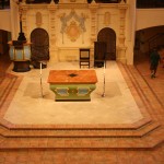 center-thrust stage with altar, pulpit and chair at Visitation Parish, KC, MO